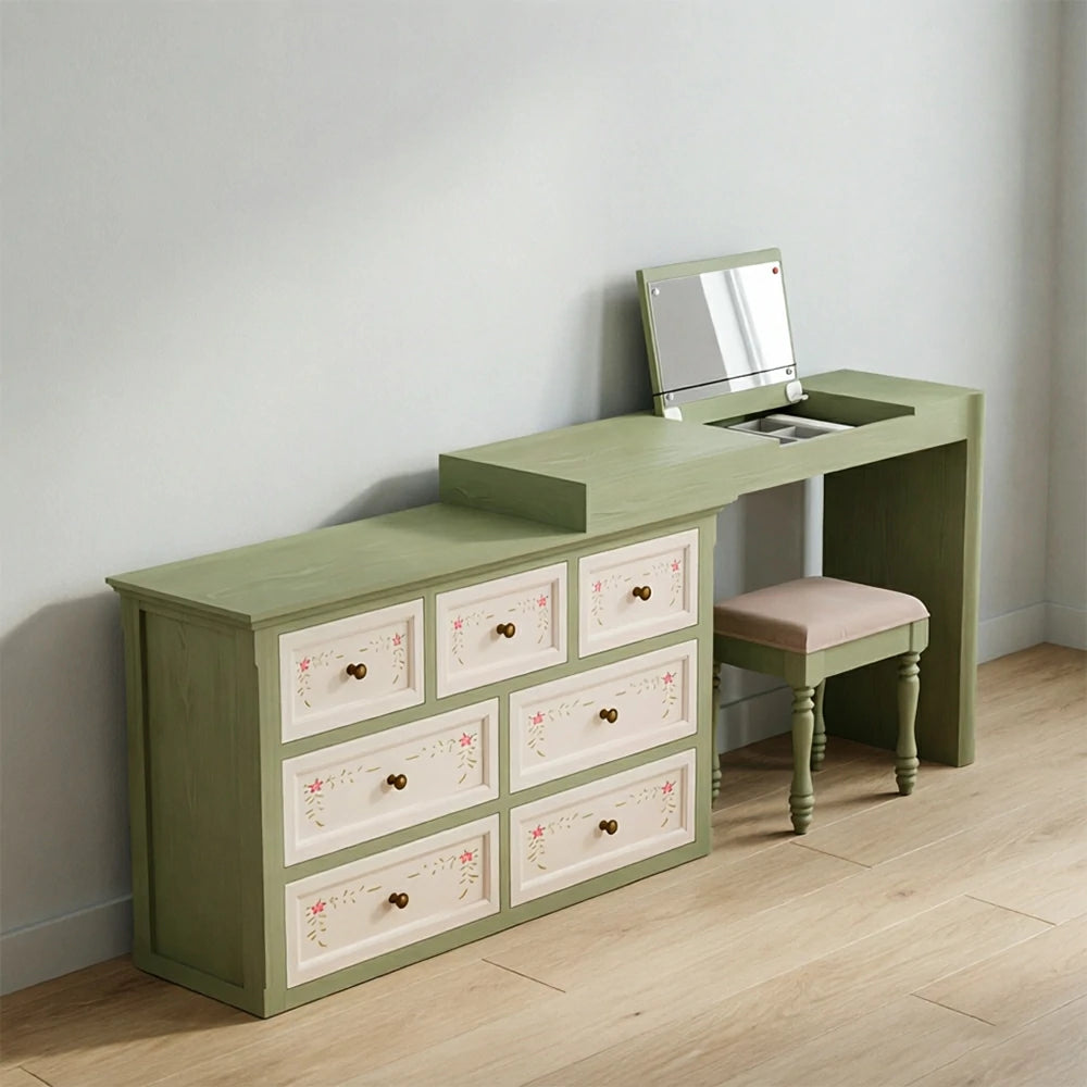 LUXORA Solid Wood Vanity Table Set with 7 Drawer Storage Cabinet Makeup Desk & Stool 120cm - Green