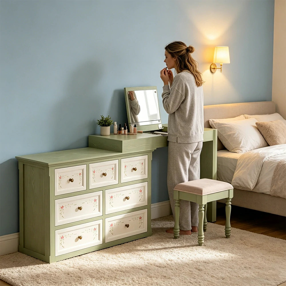 LUXORA Solid Wood Vanity Table Set with 7 Drawer Storage Cabinet Makeup Desk & Stool 120cm - Green