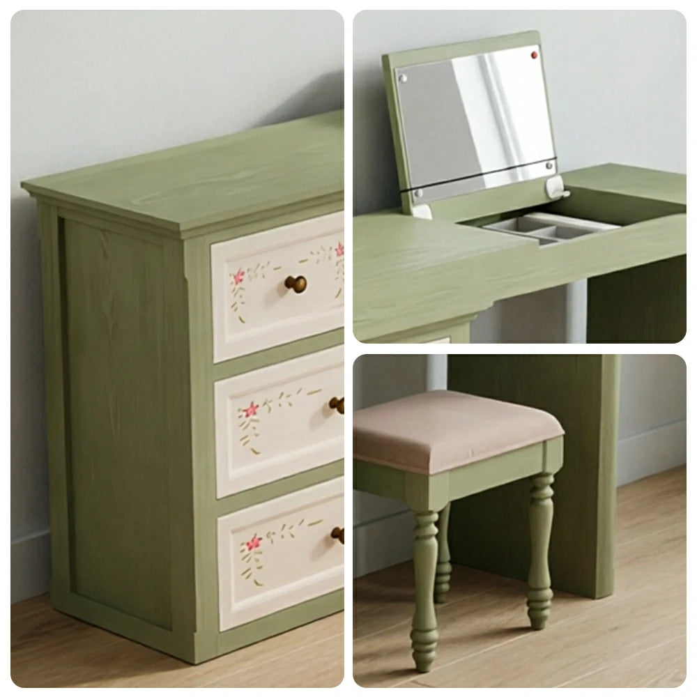 LUXORA Solid Wood Vanity Table Set with 7 Drawer Storage Cabinet Makeup Desk & Stool 120cm - Green