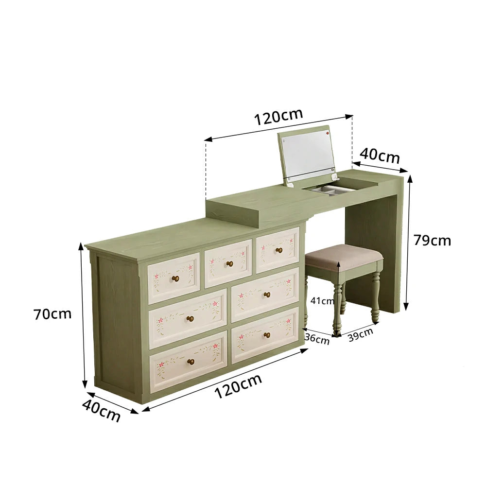 LUXORA Solid Wood Vanity Table Set with 7 Drawer Storage Cabinet Makeup Desk & Stool 120cm - Green