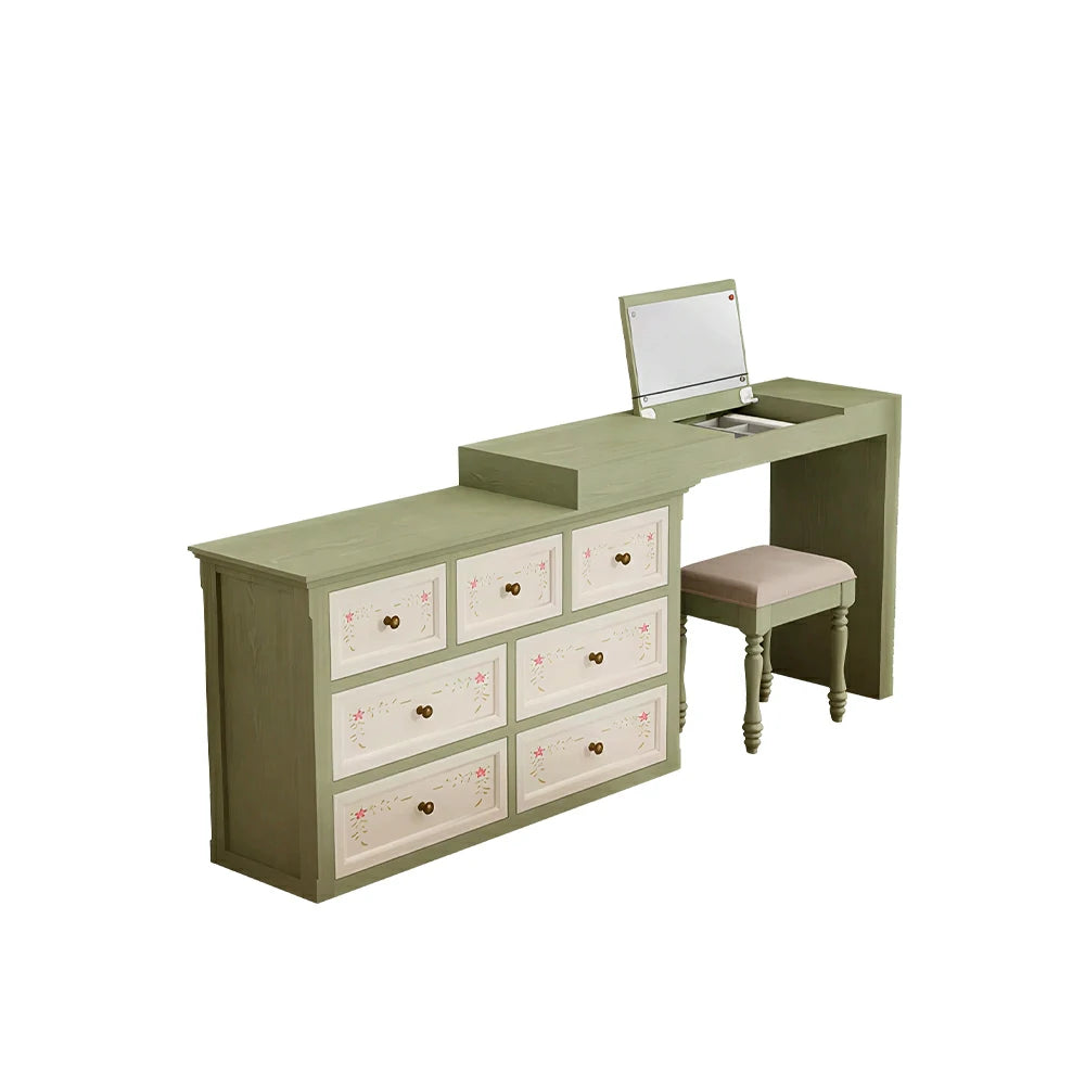 LUXORA Solid Wood Vanity Table Set with 7 Drawer Storage Cabinet Makeup Desk & Stool 120cm - Green