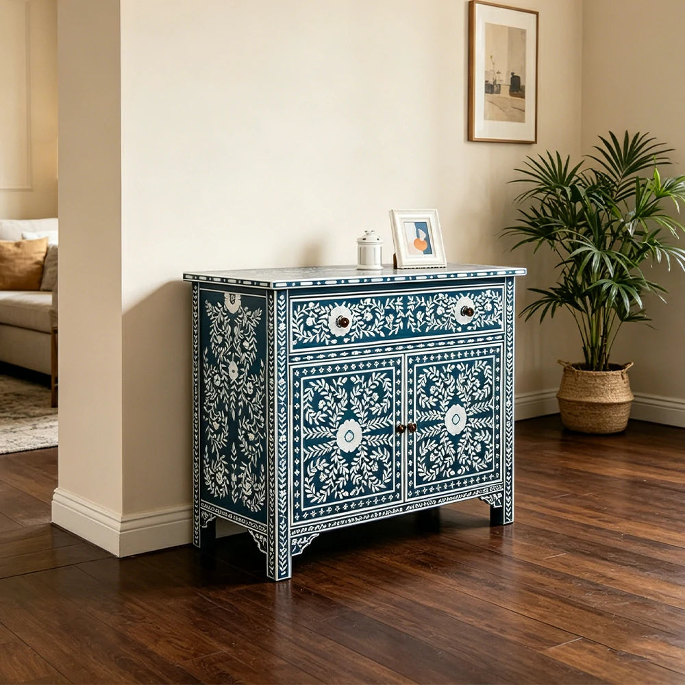 LUXORA Solid Wood Shoe Cabinet with Hand Painted Vintage Storage American Style Entryway Cabinet 96.5cm - Blue