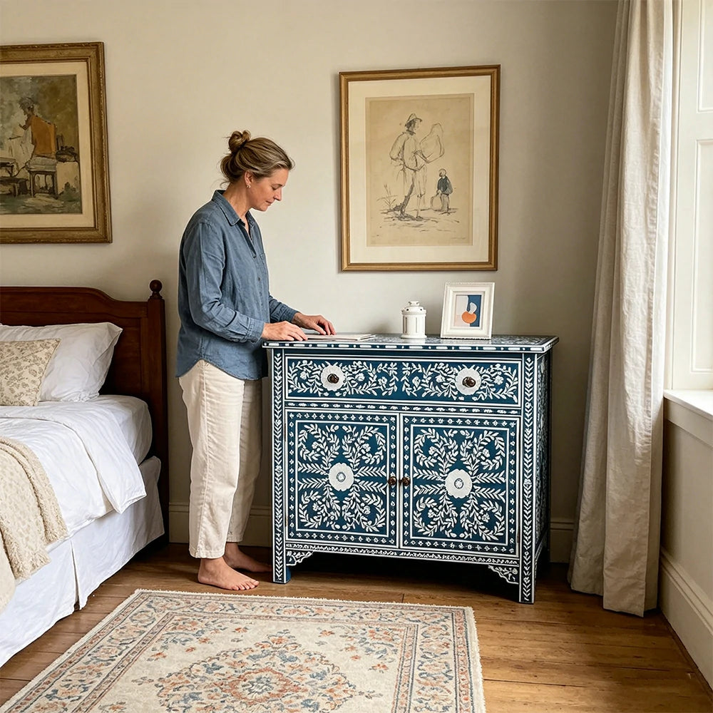 LUXORA Solid Wood Shoe Cabinet with Hand Painted Vintage Storage American Style Entryway Cabinet 96.5cm - Blue