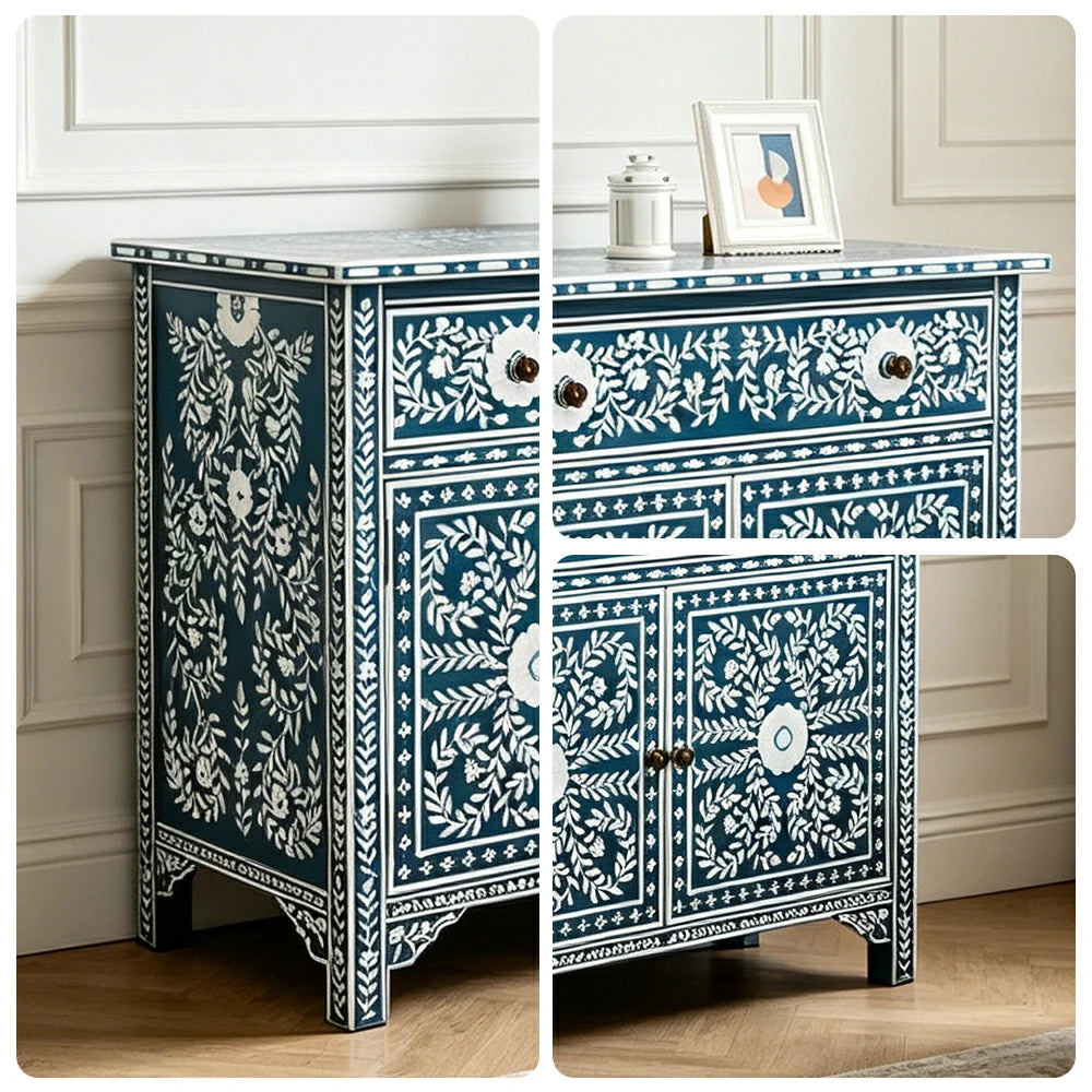LUXORA Solid Wood Shoe Cabinet with Hand Painted Vintage Storage American Style Entryway Cabinet 96.5cm - Blue