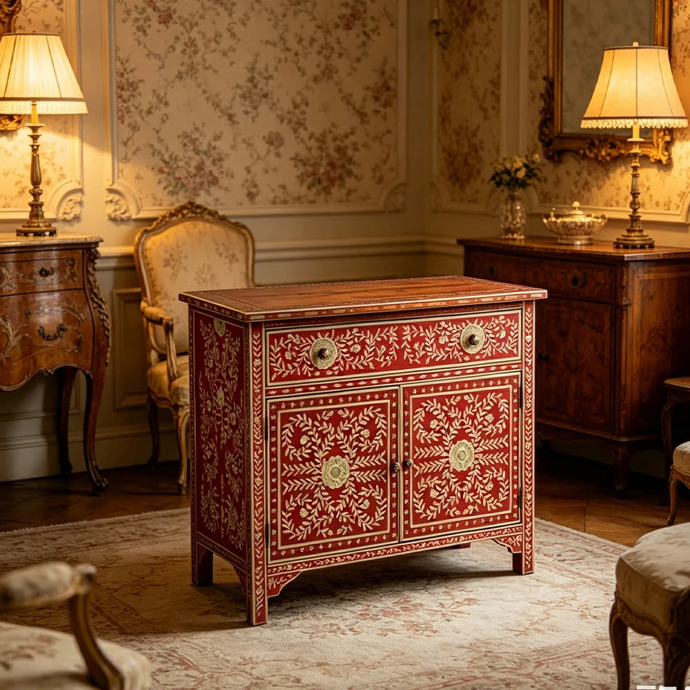 LUXORA Solid Wood Shoe Cabinet with Hand Painted Vintage Storage American Style Entryway Cabinet 96.5cm - Red