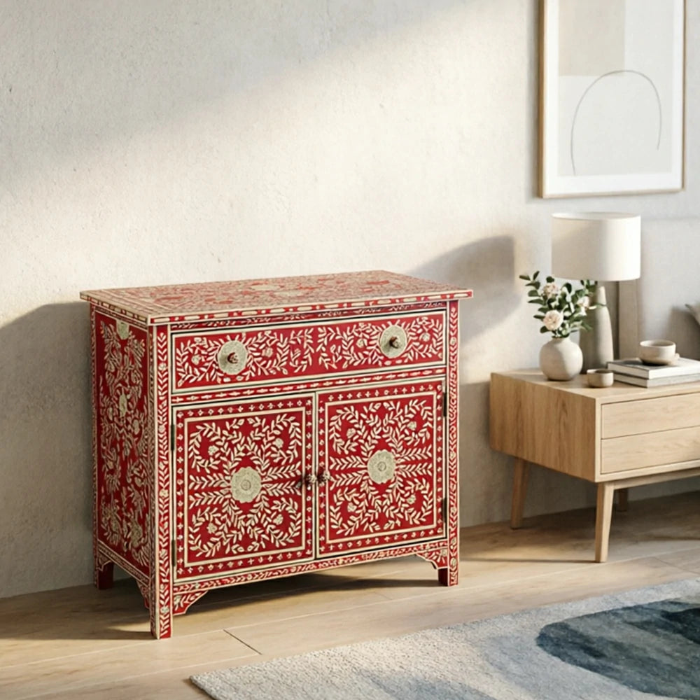 LUXORA Solid Wood Shoe Cabinet with Hand Painted Vintage Storage American Style Entryway Cabinet 96.5cm - Red