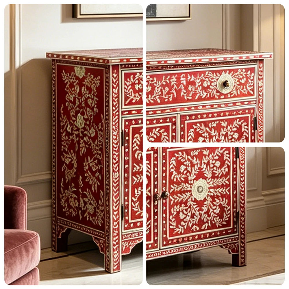 LUXORA Solid Wood Shoe Cabinet with Hand Painted Vintage Storage American Style Entryway Cabinet 96.5cm - Red