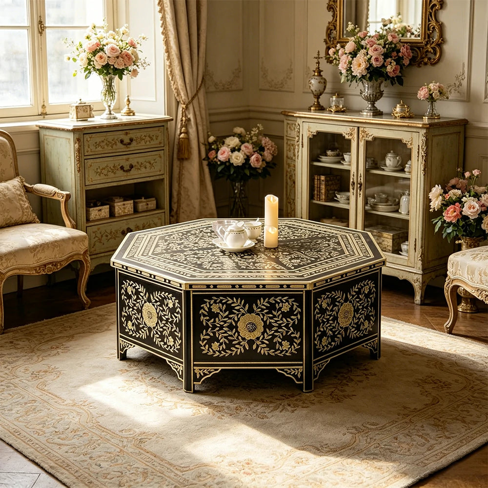 LUXORA Solid Wood Vintage Coffee Table Hand Painted Floral Accent Tea Table for Living Room 101cm - Black