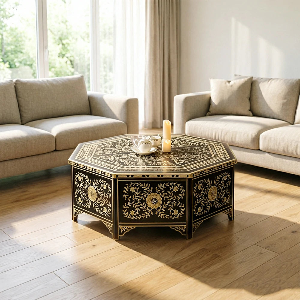 LUXORA Solid Wood Vintage Coffee Table Hand Painted Floral Accent Tea Table for Living Room 101cm - Black