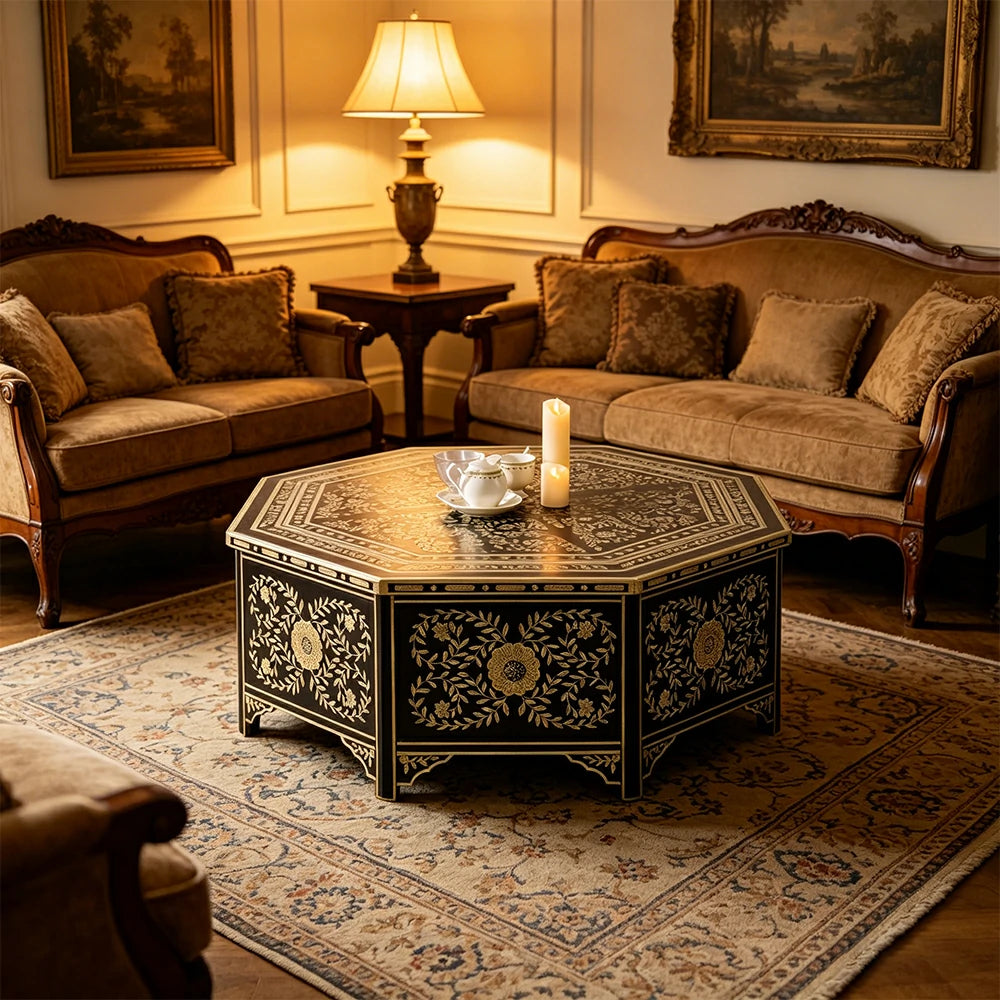 LUXORA Solid Wood Vintage Coffee Table Hand Painted Floral Accent Tea Table for Living Room 101cm - Black
