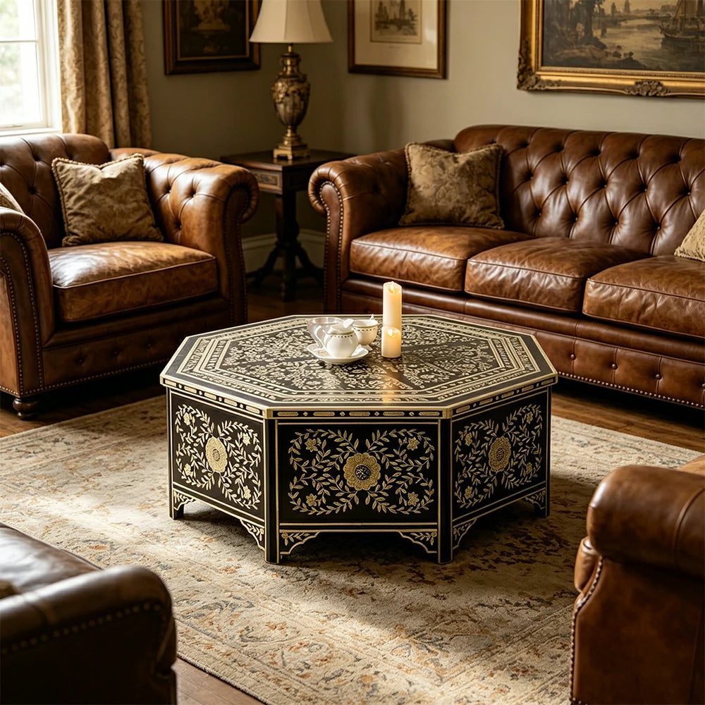 LUXORA Solid Wood Vintage Coffee Table Hand Painted Floral Accent Tea Table for Living Room 101cm - Black