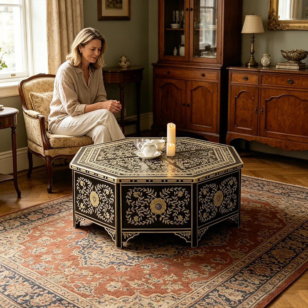 LUXORA Solid Wood Vintage Coffee Table Hand Painted Floral Accent Tea Table for Living Room 101cm - Black