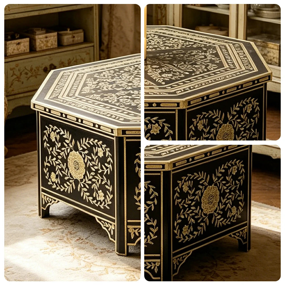 LUXORA Solid Wood Vintage Coffee Table Hand Painted Floral Accent Tea Table for Living Room 101cm - Black