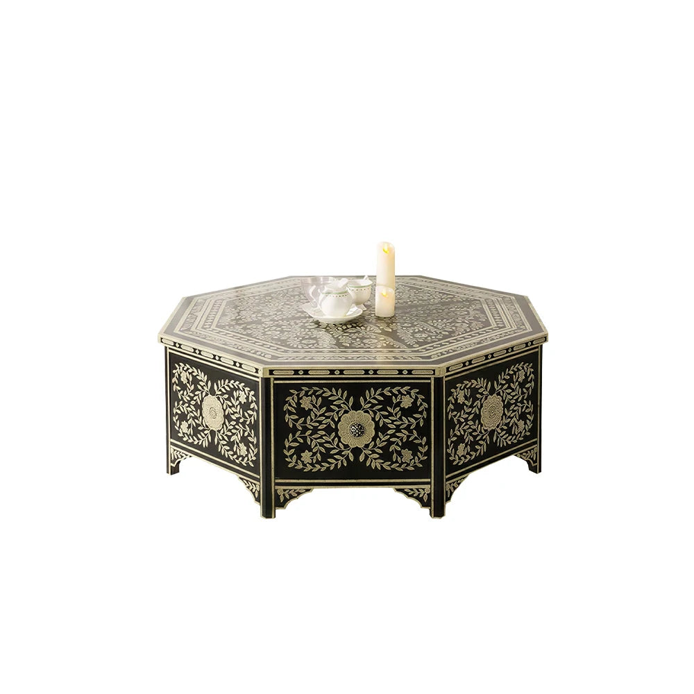 LUXORA Solid Wood Vintage Coffee Table Hand Painted Floral Accent Tea Table for Living Room 101cm - Black