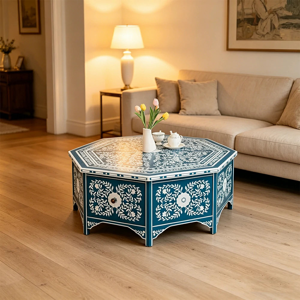 LUXORA Solid Wood Vintage Coffee Table Hand Painted Floral Accent Tea Table for Living Room 101cm - Blue
