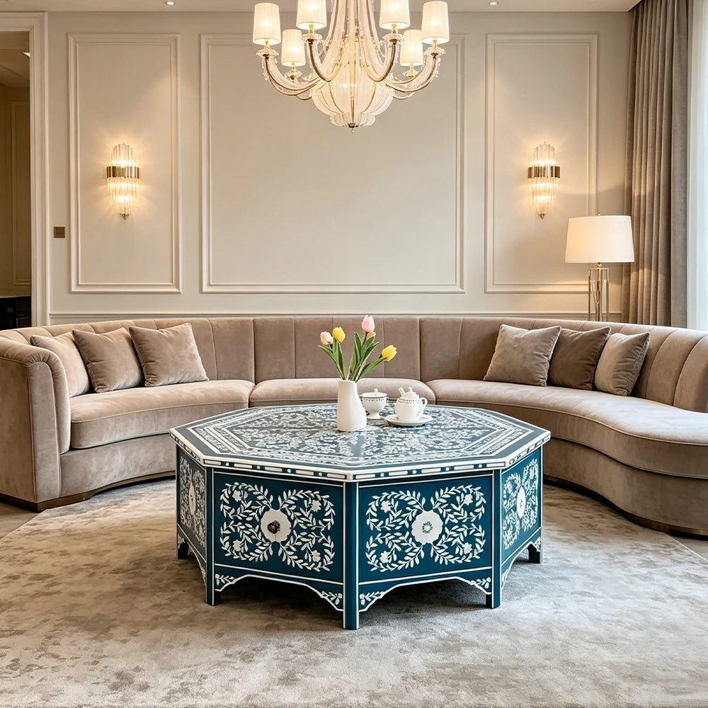 LUXORA Solid Wood Vintage Coffee Table Hand Painted Floral Accent Tea Table for Living Room 101cm - Blue