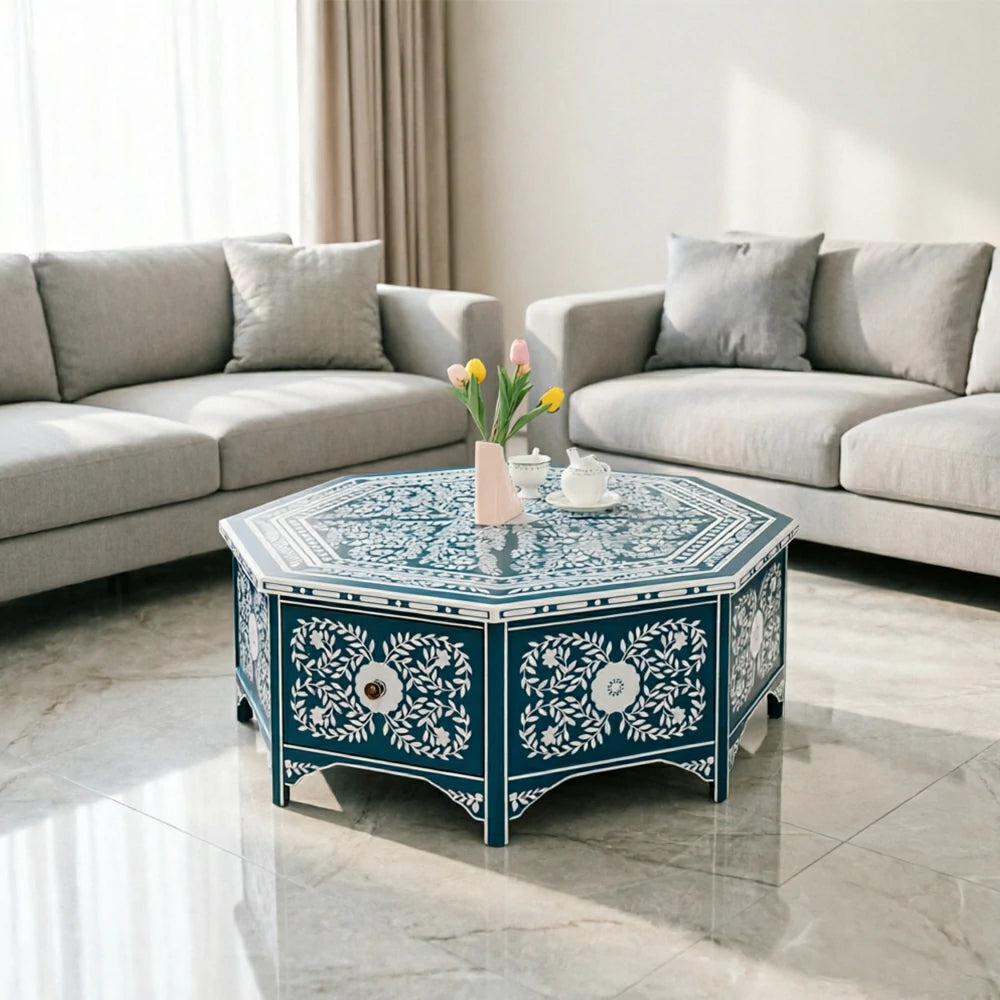 LUXORA Solid Wood Vintage Coffee Table Hand Painted Floral Accent Tea Table for Living Room 101cm - Blue