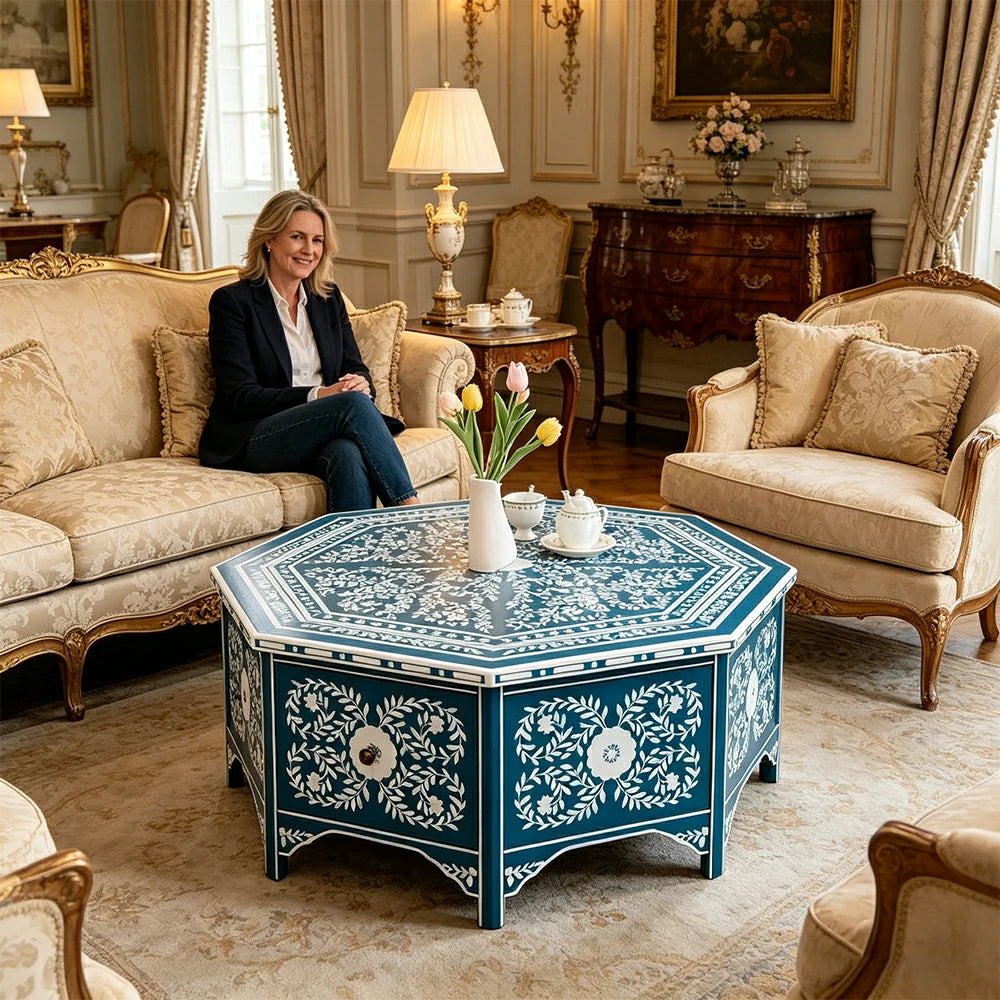 LUXORA Solid Wood Vintage Coffee Table Hand Painted Floral Accent Tea Table for Living Room 101cm - Blue