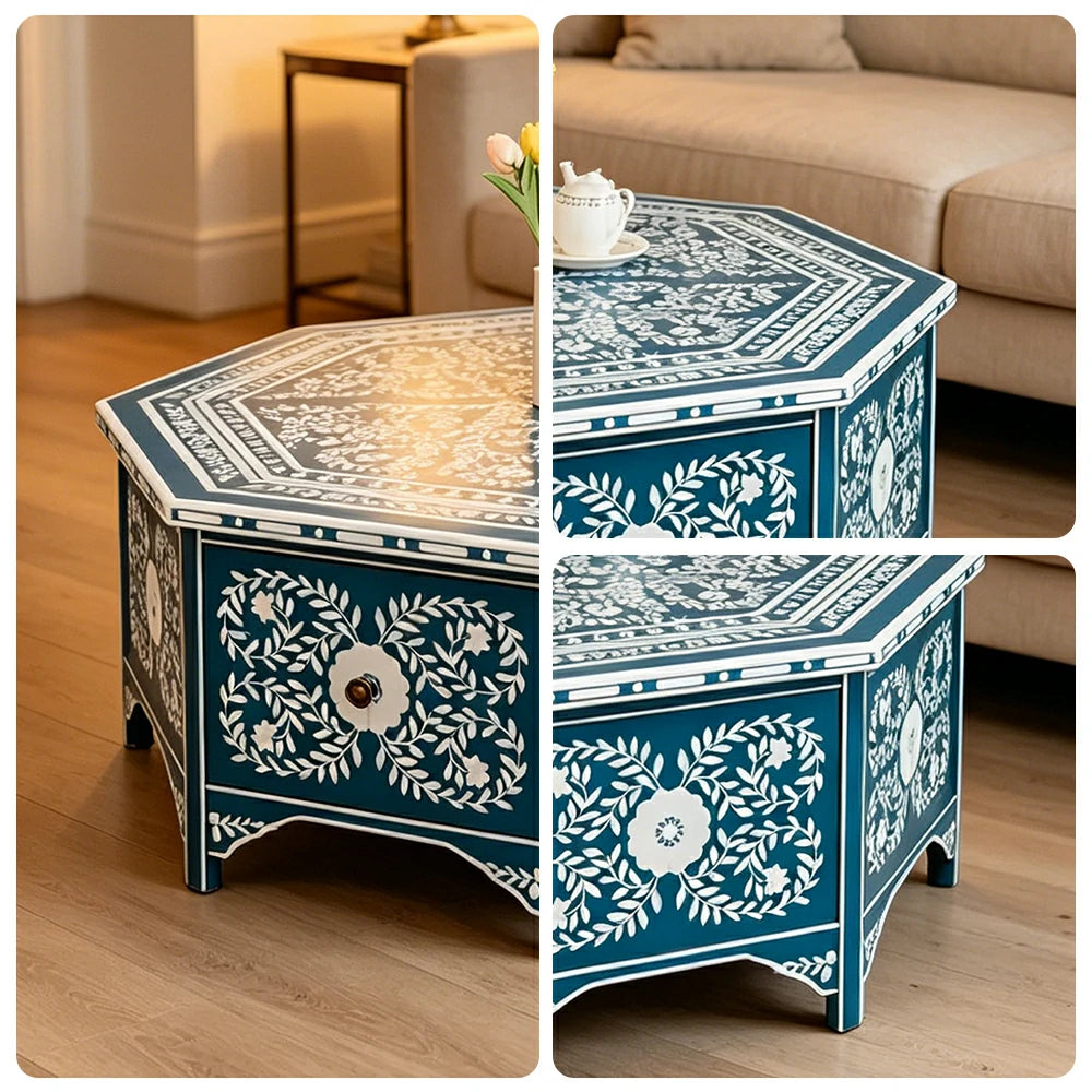 LUXORA Solid Wood Vintage Coffee Table Hand Painted Floral Accent Tea Table for Living Room 101cm - Blue