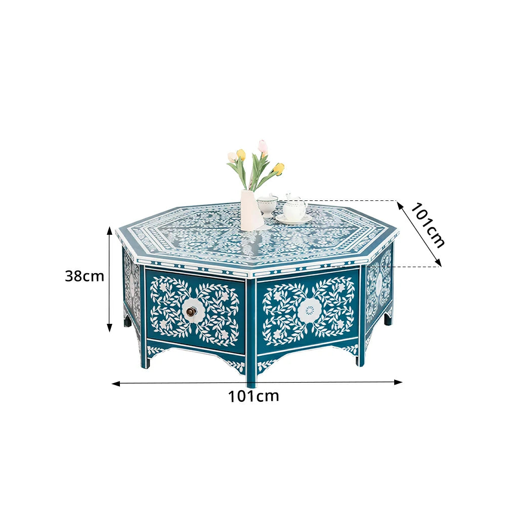 LUXORA Solid Wood Vintage Coffee Table Hand Painted Floral Accent Tea Table for Living Room 101cm - Blue