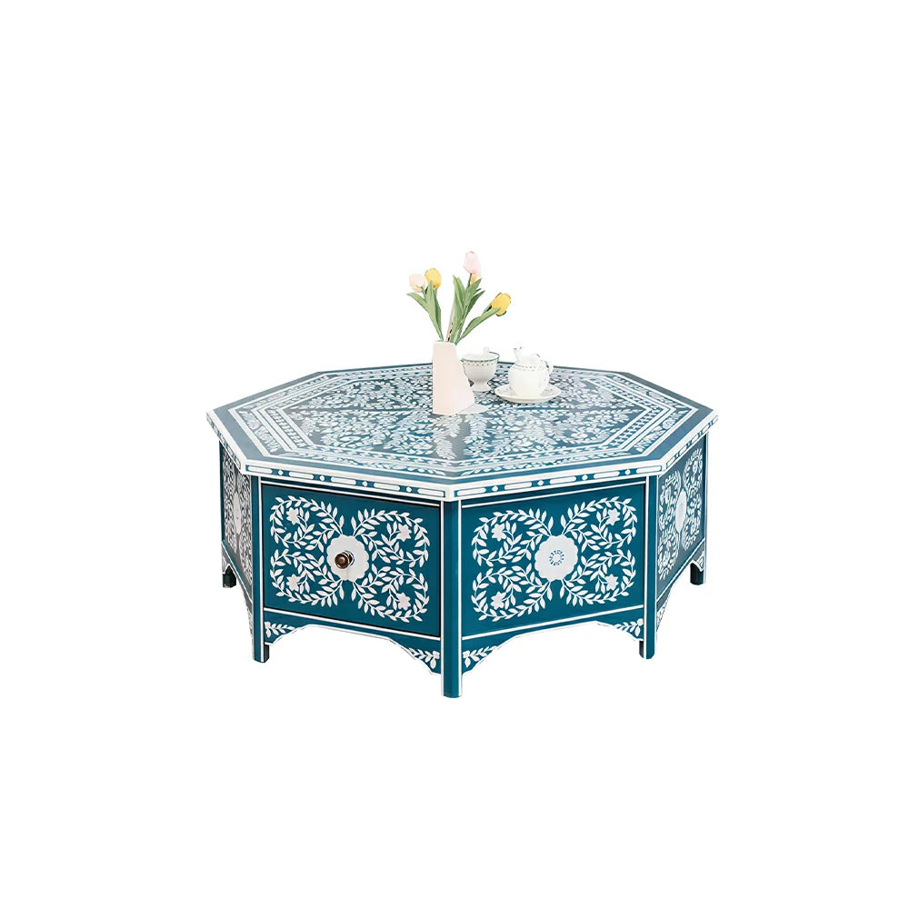 LUXORA Solid Wood Vintage Coffee Table Hand Painted Floral Accent Tea Table for Living Room 101cm - Blue