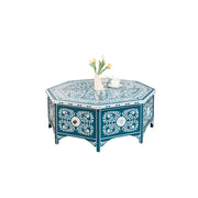 LUXORA Solid Wood Vintage Coffee Table Hand Painted Floral Accent Tea Table for Living Room 101cm - Blue