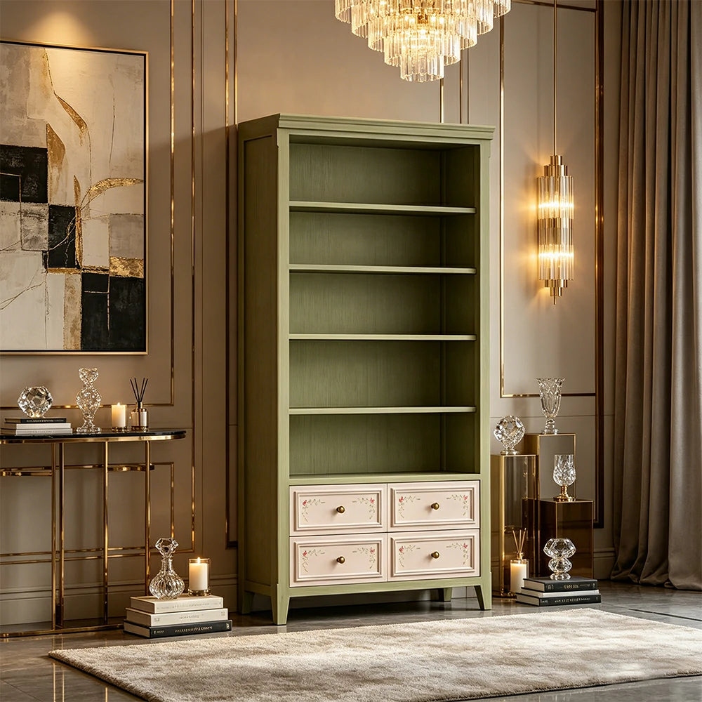 LUXORA Solid Wood Open Bookcase with Hand Painted Drawers Vintage Storage Cabinet 80/100cm - Moss Green