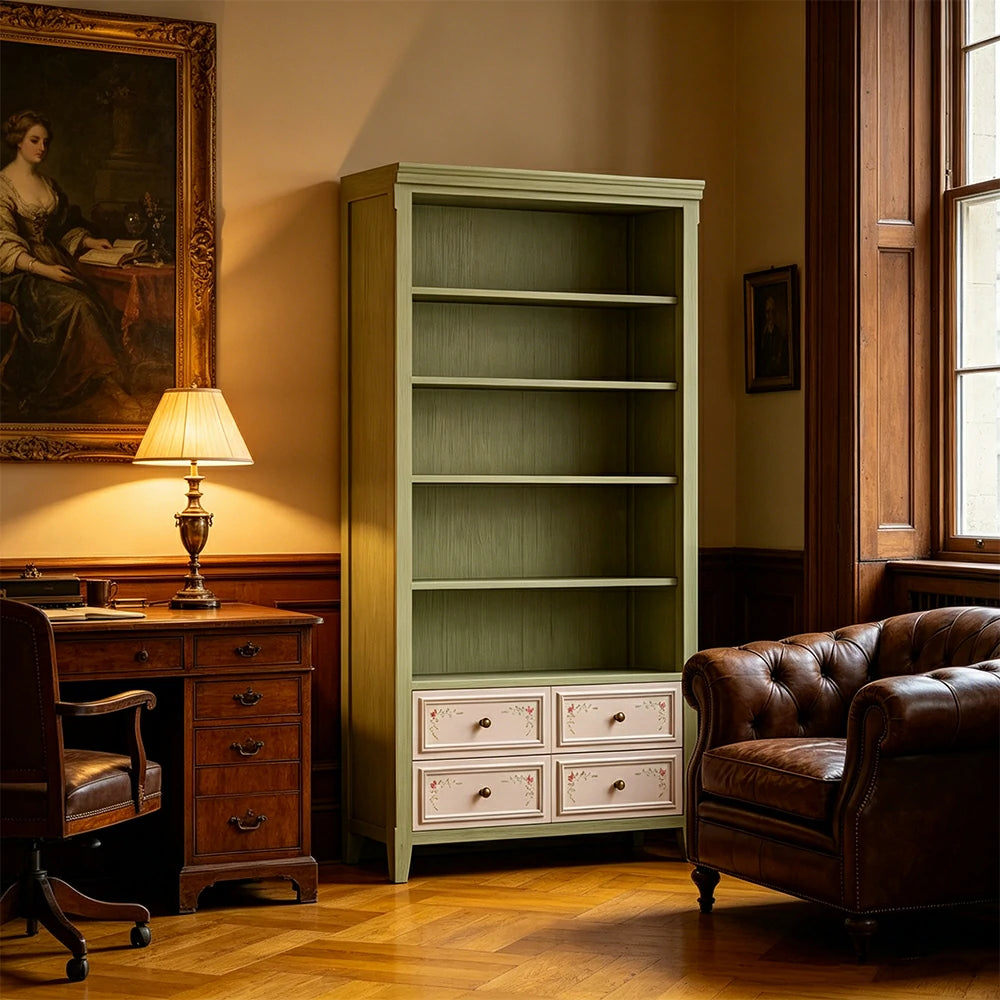 LUXORA Solid Wood Open Bookcase with Hand Painted Drawers Vintage Storage Cabinet 80/100cm - Moss Green
