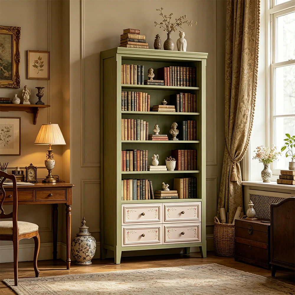 LUXORA Solid Wood Open Bookcase with Hand Painted Drawers Vintage Storage Cabinet 80/100cm - Moss Green