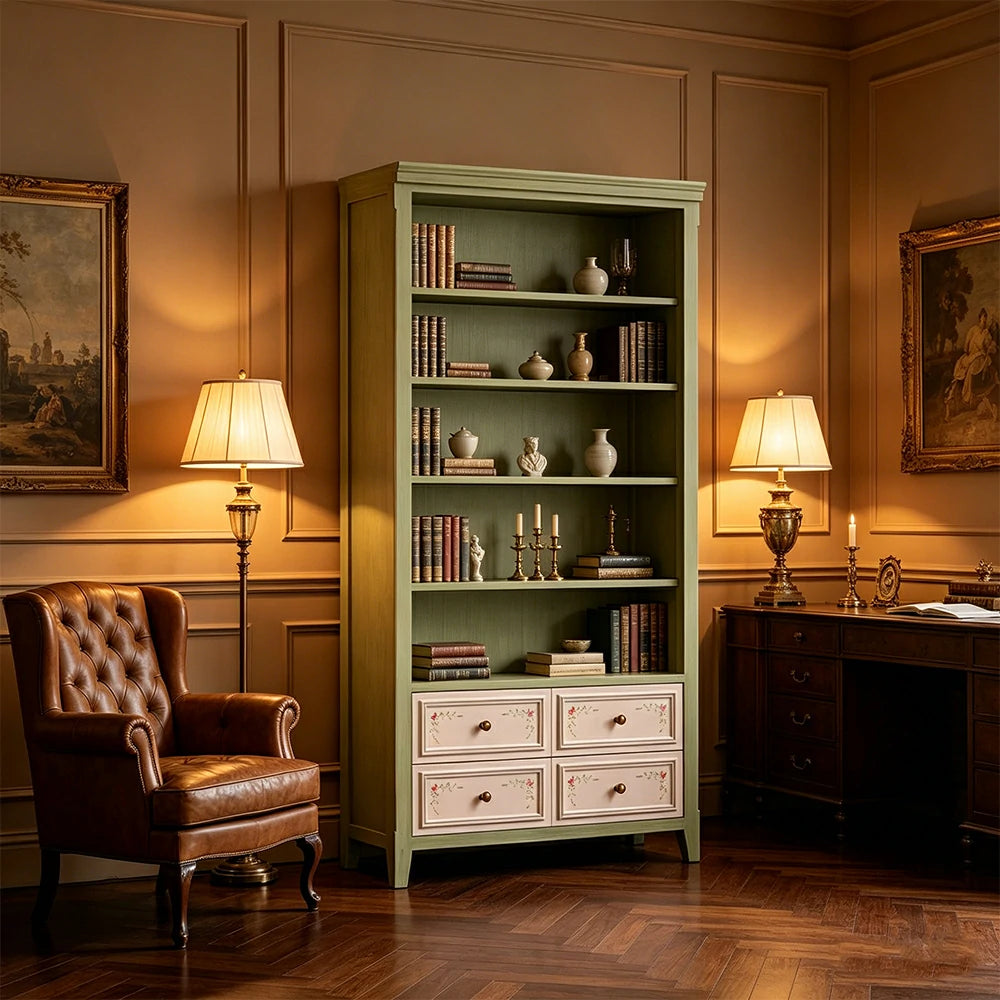 LUXORA Solid Wood Open Bookcase with Hand Painted Drawers Vintage Storage Cabinet 80/100cm - Moss Green