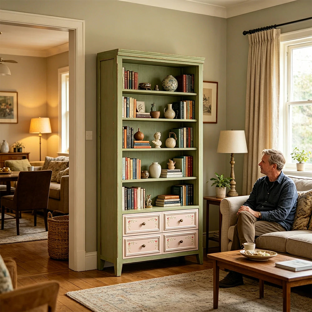 LUXORA Solid Wood Open Bookcase with Hand Painted Drawers Vintage Storage Cabinet 80/100cm - Moss Green