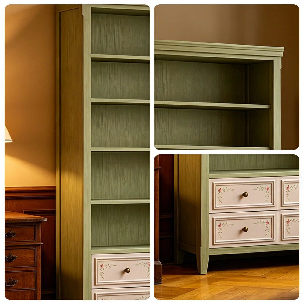 LUXORA Solid Wood Open Bookcase with Hand Painted Drawers Vintage Storage Cabinet 80/100cm - Moss Green