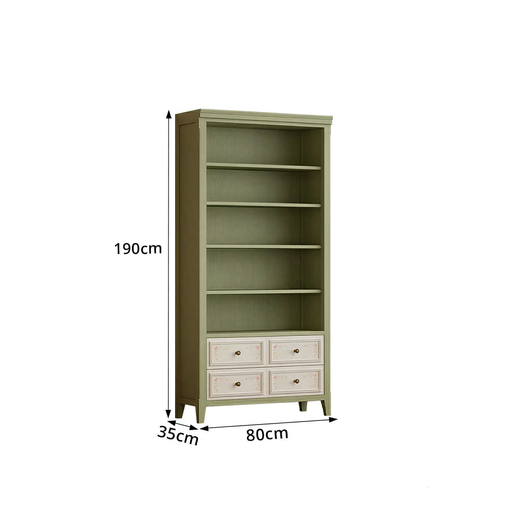 LUXORA Solid Wood Open Bookcase with Hand Painted Drawers Vintage Storage Cabinet 80/100cm - Moss Green