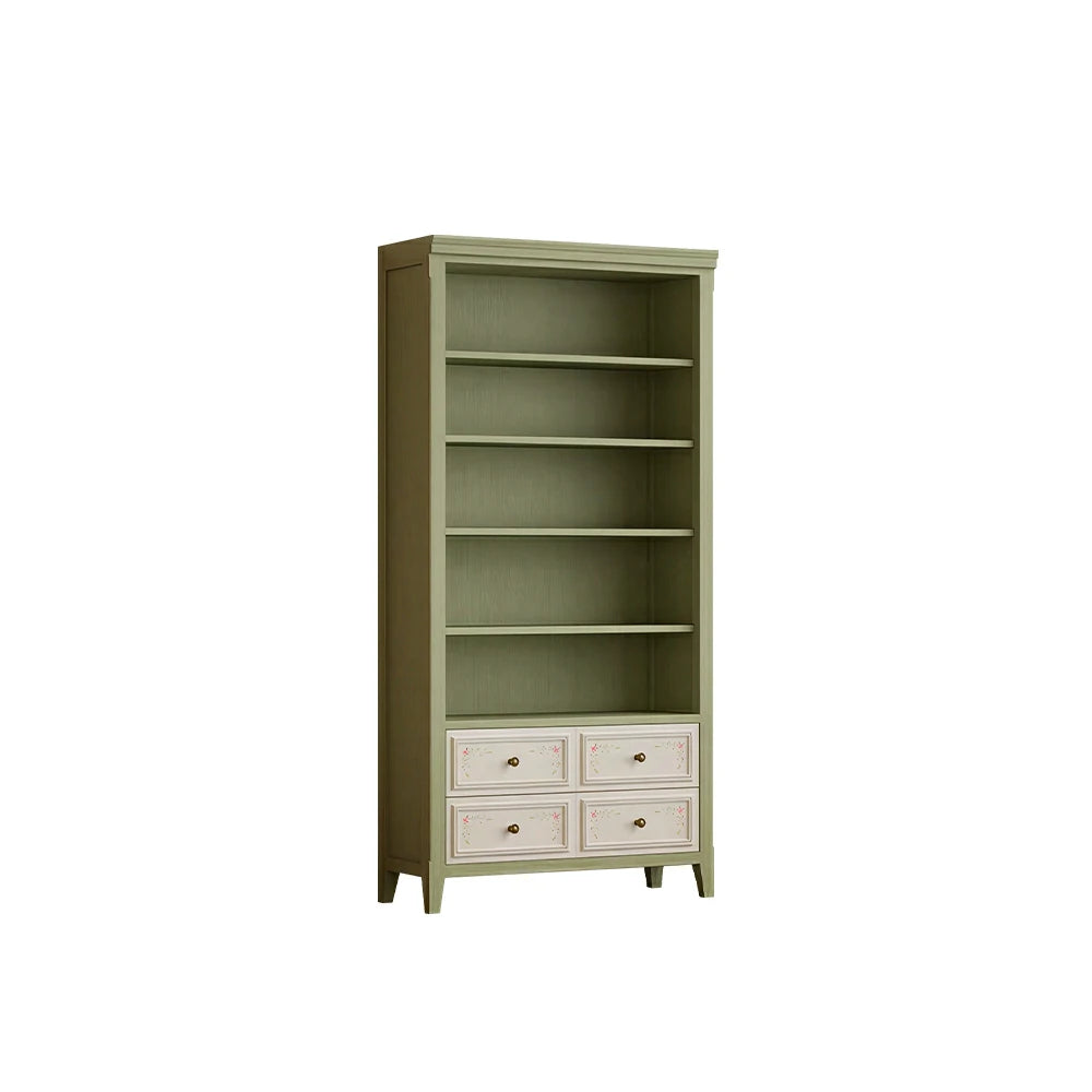 LUXORA Solid Wood Open Bookcase with Hand Painted Drawers Vintage Storage Cabinet 80/100cm - Moss Green