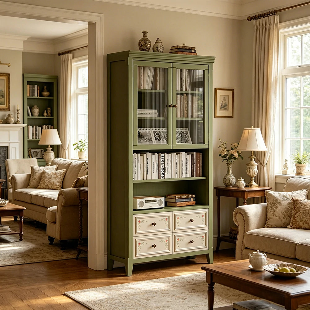 LUXORA Solid Wood Half Door Bookcase with Hand Painted Drawers Vintage Storage Cabinet 80/100cm - Moss Green
