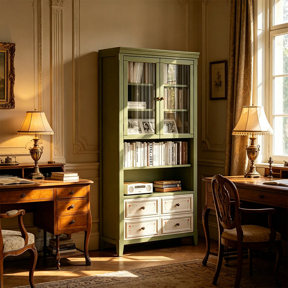 LUXORA Solid Wood Half Door Bookcase with Hand Painted Drawers Vintage Storage Cabinet 80/100cm - Moss Green