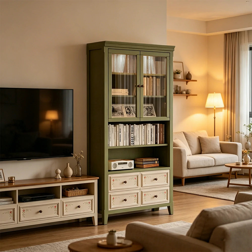 LUXORA Solid Wood Half Door Bookcase with Hand Painted Drawers Vintage Storage Cabinet 80/100cm - Moss Green