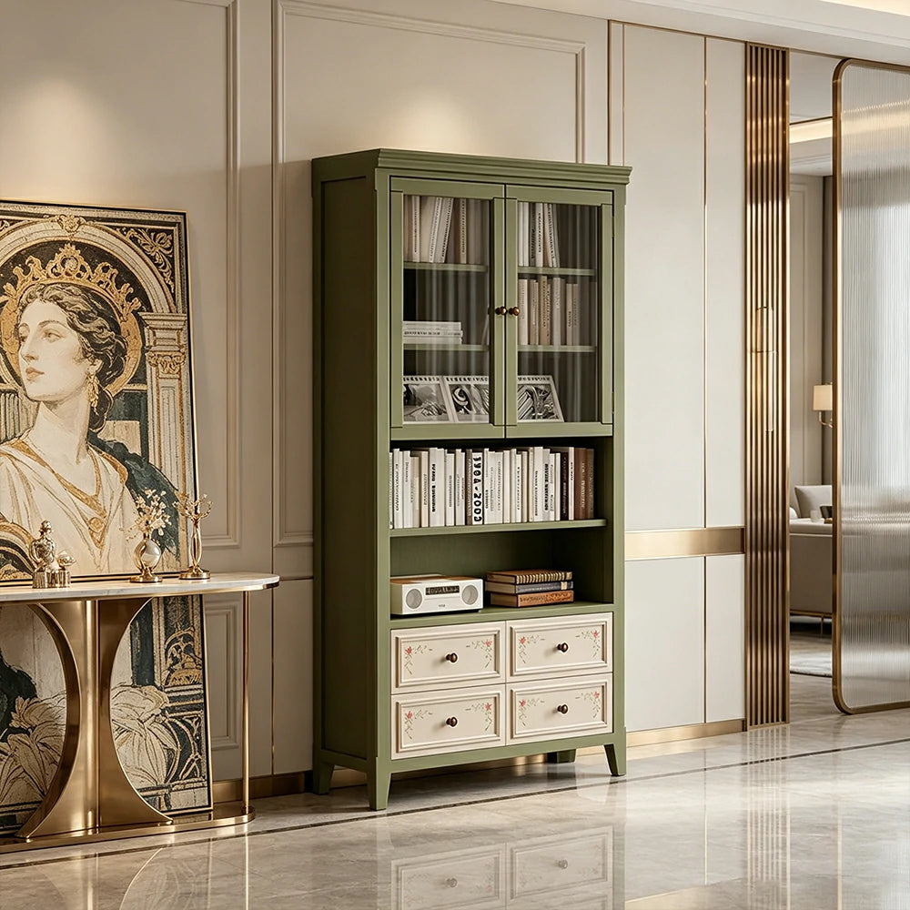 LUXORA Solid Wood Half Door Bookcase with Hand Painted Drawers Vintage Storage Cabinet 80/100cm - Moss Green