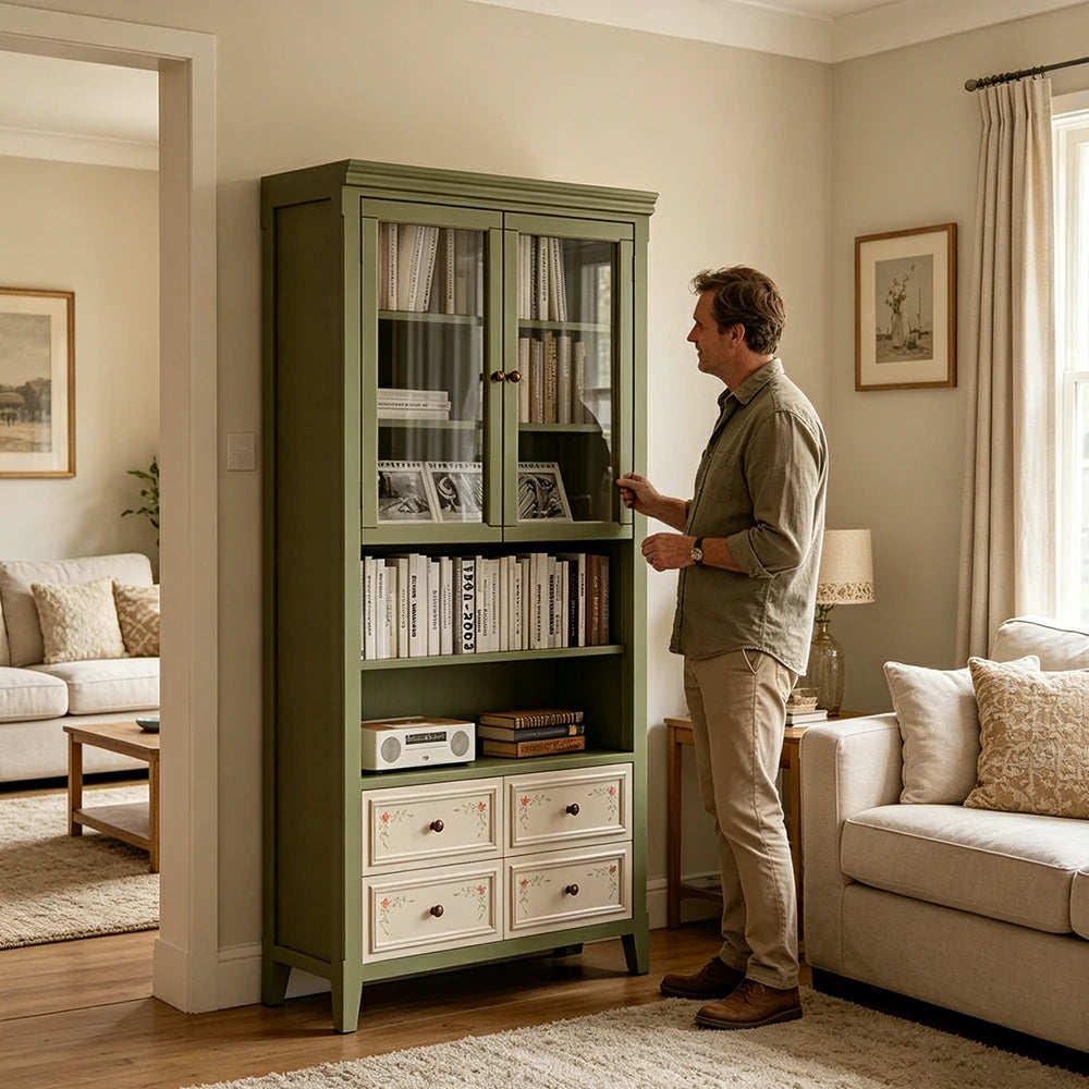 LUXORA Solid Wood Half Door Bookcase with Hand Painted Drawers Vintage Storage Cabinet 80/100cm - Moss Green