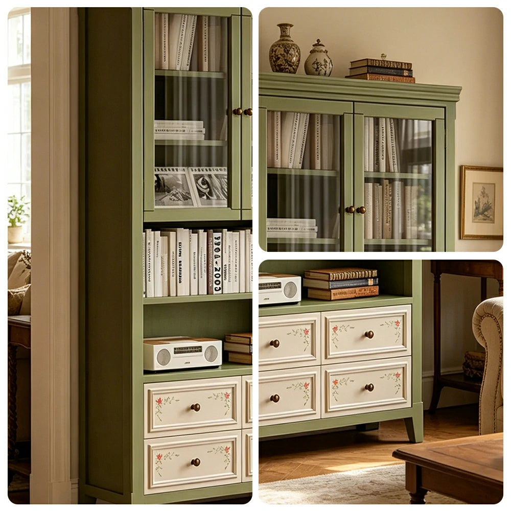 LUXORA Solid Wood Half Door Bookcase with Hand Painted Drawers Vintage Storage Cabinet 80/100cm - Moss Green