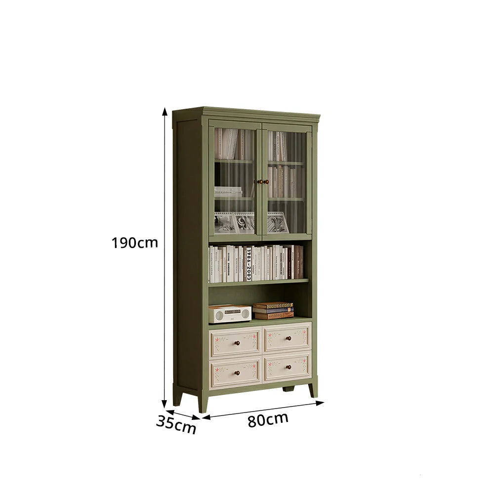 LUXORA Solid Wood Half Door Bookcase with Hand Painted Drawers Vintage Storage Cabinet 80/100cm - Moss Green