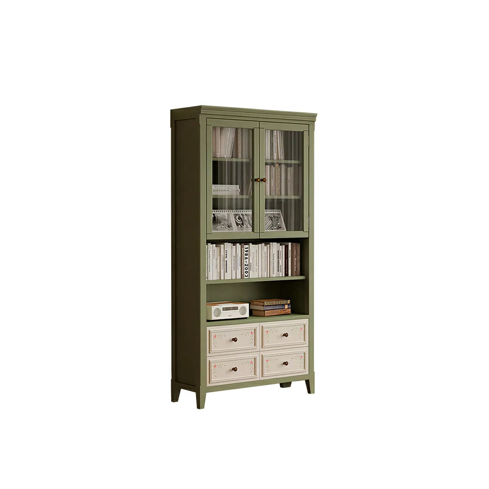 LUXORA Solid Wood Half Door Bookcase with Hand Painted Drawers Vintage Storage Cabinet 80/100cm - Moss Green