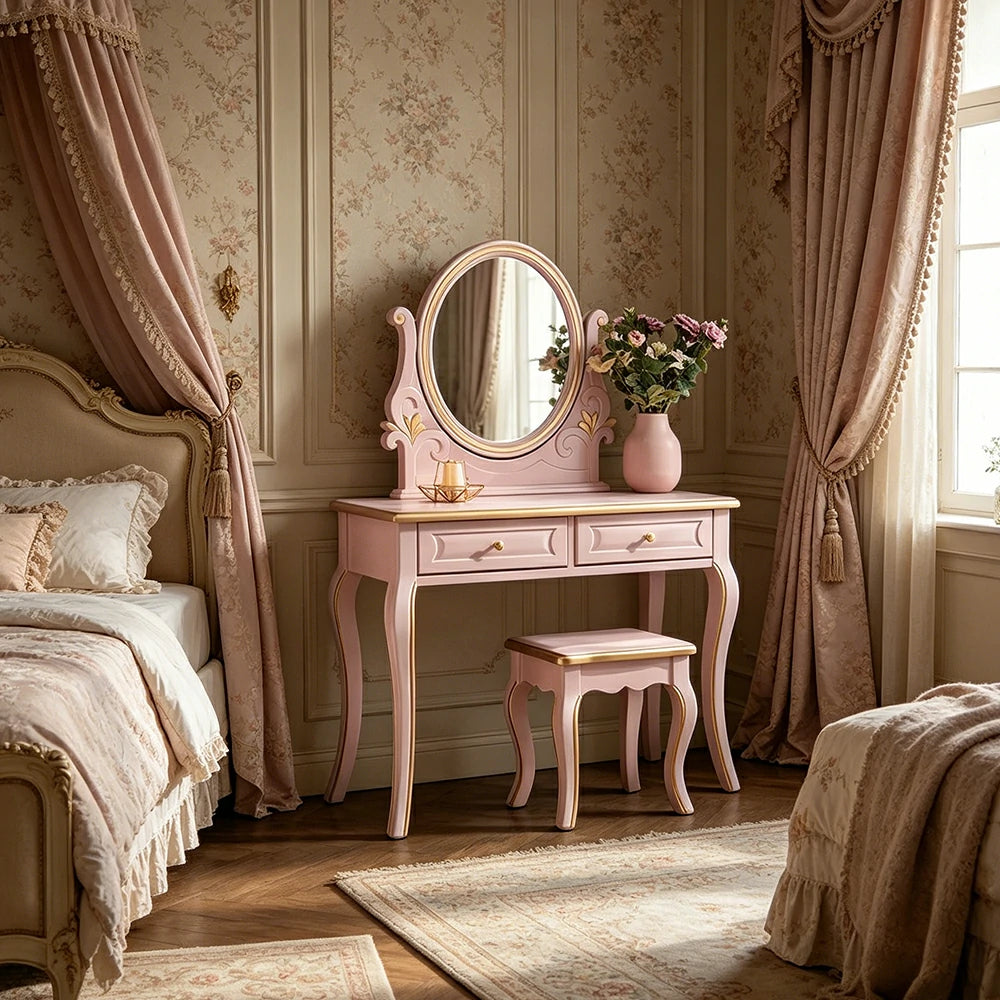 LUXORA Solid Wood Vanity Table Set with Adjustable Mirror and Stool French Style Makeup Desk 100cm - Pink