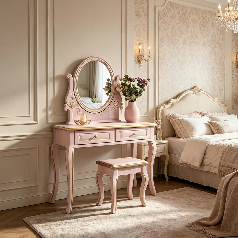 LUXORA Solid Wood Vanity Table Set with Adjustable Mirror and Stool French Style Makeup Desk 100cm - Pink