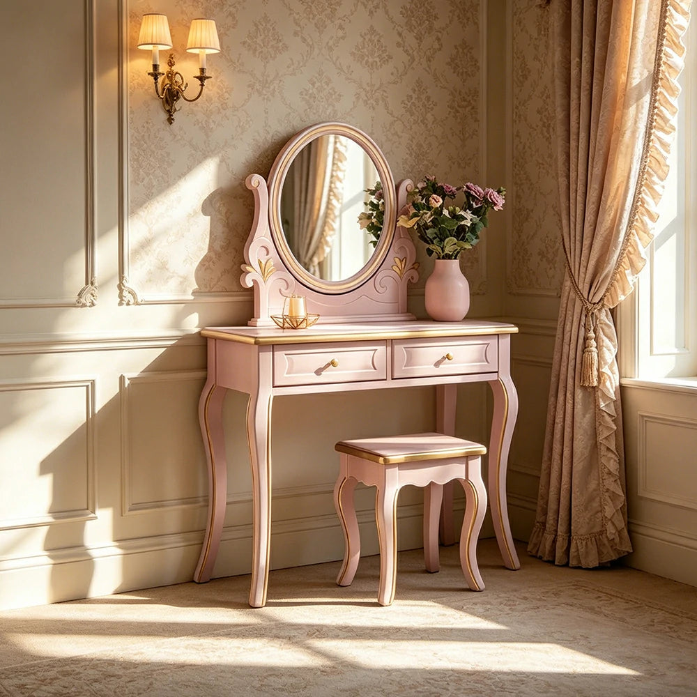 LUXORA Solid Wood Vanity Table Set with Adjustable Mirror and Stool French Style Makeup Desk 100cm - Pink