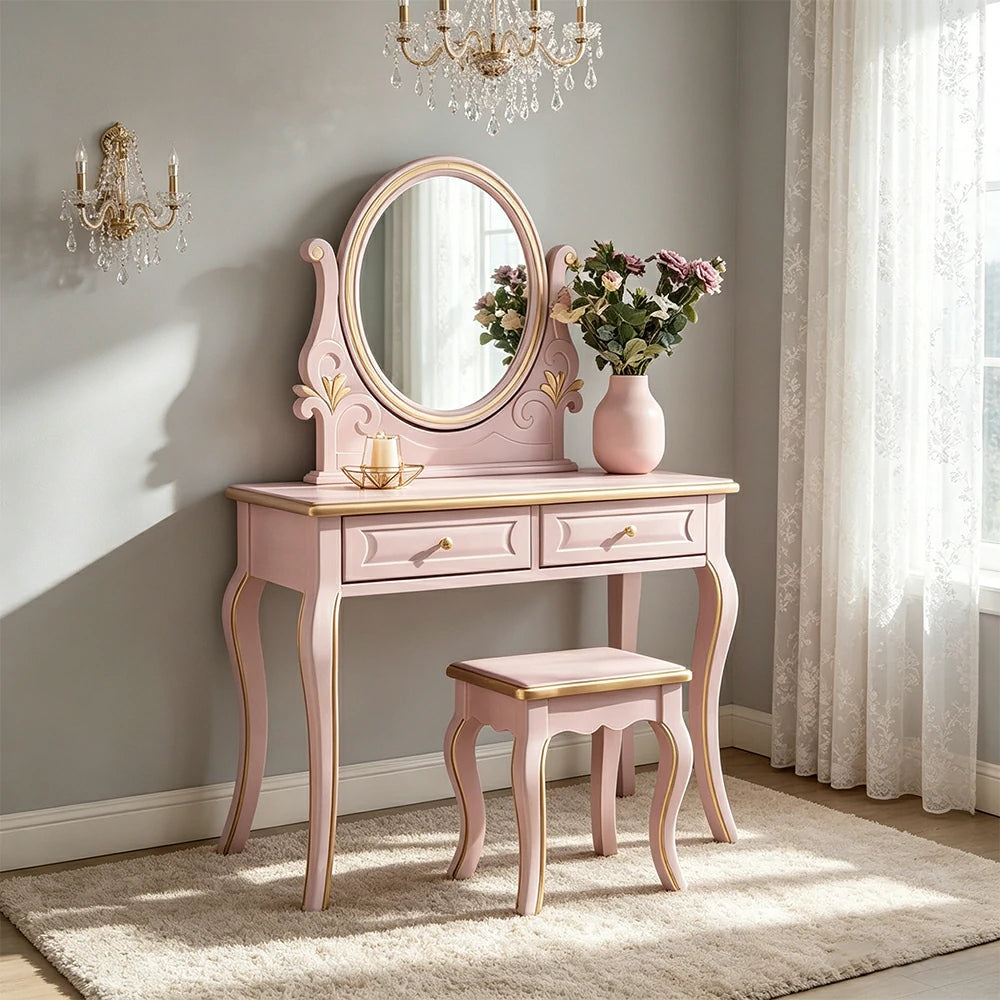 LUXORA Solid Wood Vanity Table Set with Adjustable Mirror and Stool French Style Makeup Desk 100cm - Pink