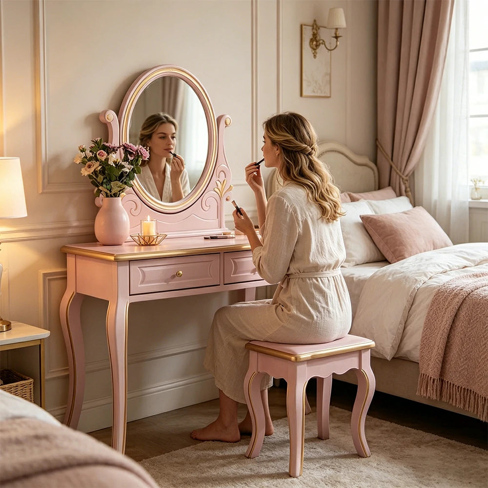 LUXORA Solid Wood Vanity Table Set with Adjustable Mirror and Stool French Style Makeup Desk 100cm - Pink