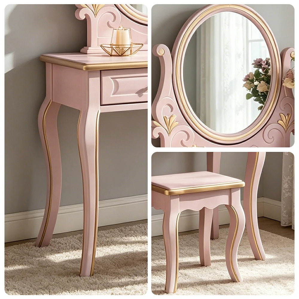 LUXORA Solid Wood Vanity Table Set with Adjustable Mirror and Stool French Style Makeup Desk 100cm - Pink
