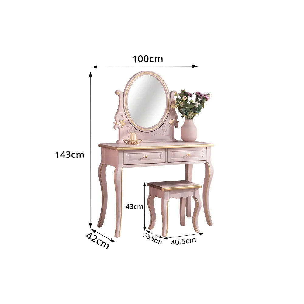 LUXORA Solid Wood Vanity Table Set with Adjustable Mirror and Stool French Style Makeup Desk 100cm - Pink