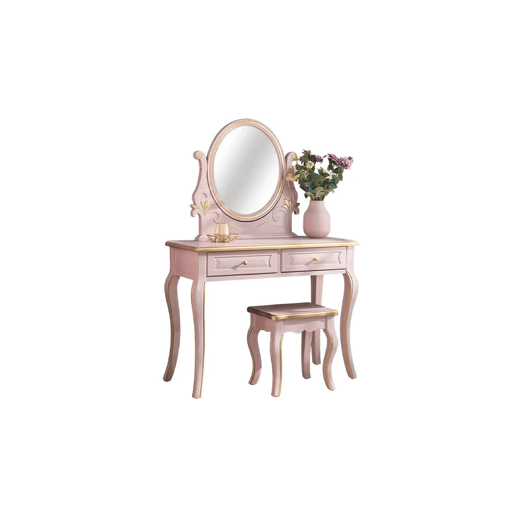 LUXORA Solid Wood Vanity Table Set with Adjustable Mirror and Stool French Style Makeup Desk 100cm - Pink